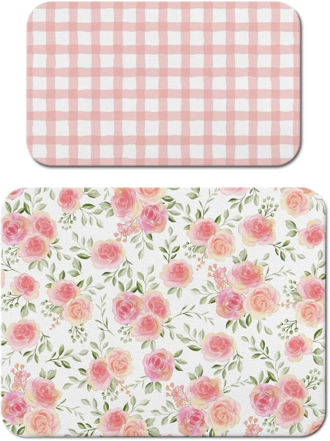 Dish Drying Mat 2-Pack in Rose Floral for Kitchen Counter Dishes Mat | Diatom Mud Mats (18x24, 19.5x12"). Non-slip rubber back for kitchen counter, coffee bar & sink scenes