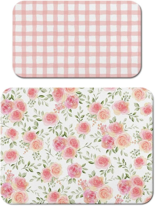 Dish Drying Mat 2-Pack in Rose Floral for Kitchen Counter Dishes Mat | Diatom Mud Mats (18x24, 19.5x12"). Non-slip rubber back for kitchen counter, coffee bar & sink scenes