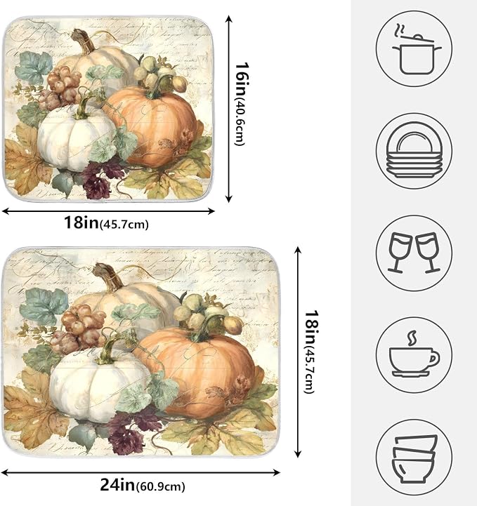 Autumn Pumpkin Fall Leaves Thanksgiving Dish Drying Mat for Kitchen Counter Absorbent Microfiber Large Drying Pad Dish Mats for Kitchen Countertops 18 x 24 Inch