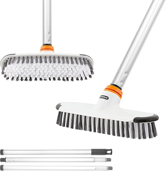 Superio Deck Scrub Brush with Long Handle, Heavy Duty Stiff Bristles Grout Scrubber with Scraper - Cleans Hot Tub, Swimming Pool, Granite Tiles, Bathroom, Patio, Kitchen, Wall and Deck (3 Part Handle)