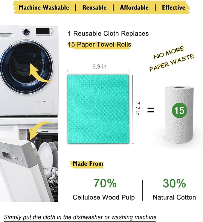 MoLKENE Swedish Dishcloths for Kitchen | 6 Pack Absorbent Cellulose Sponge Cloths Washable | Non-Scratch Reusable Paper Towels Quick Drying Cleaning Cloths - Green