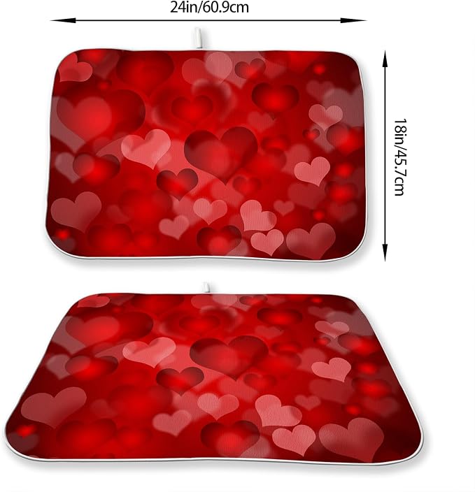 Red Valentines Dish Drying Mat 18x24 Inch Red Hearts Dish Drainer Protector Pad for Kitchen Counter Absorbent Holiday Drying Pad for Drainer Rack Kitchen Fast Dry