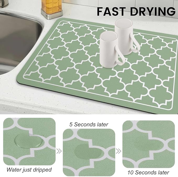 WISELIFE Dish Drying Mat Super Absorbent Drying Mat Large Dish Drying Mats for Kitchen Counter Easy Clean Dish Mat Kitchen Drying Mat16"x 24" Stylish Green