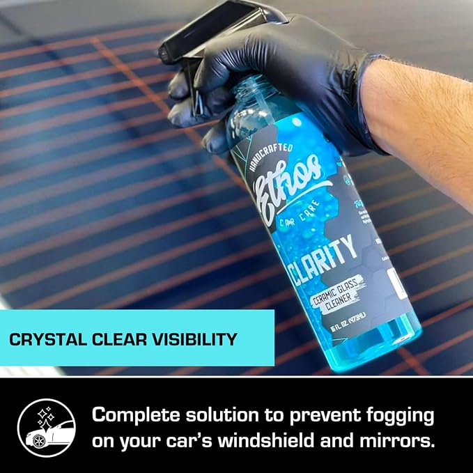 Ethos Clarity V2 – Ceramic Glass Cleaner & Windshield Water Repellent | Streak-Free Auto Glass Cleaner for Car Windows, Mirrors & Tinted Glass | Hydrophobic Protection
