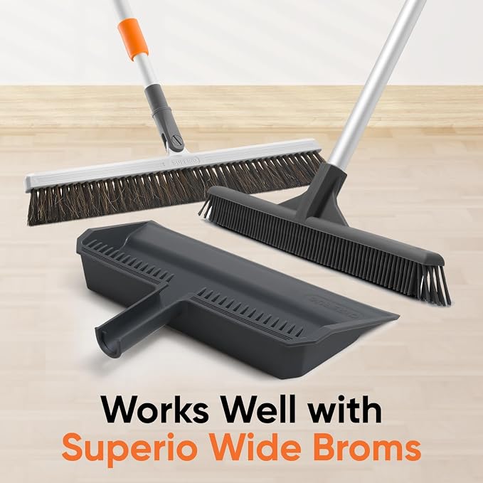 Superio Wide Plastic Dustpan with Comb - 16" Wide, Rubber Lip, Broom Handle Clip, Grey