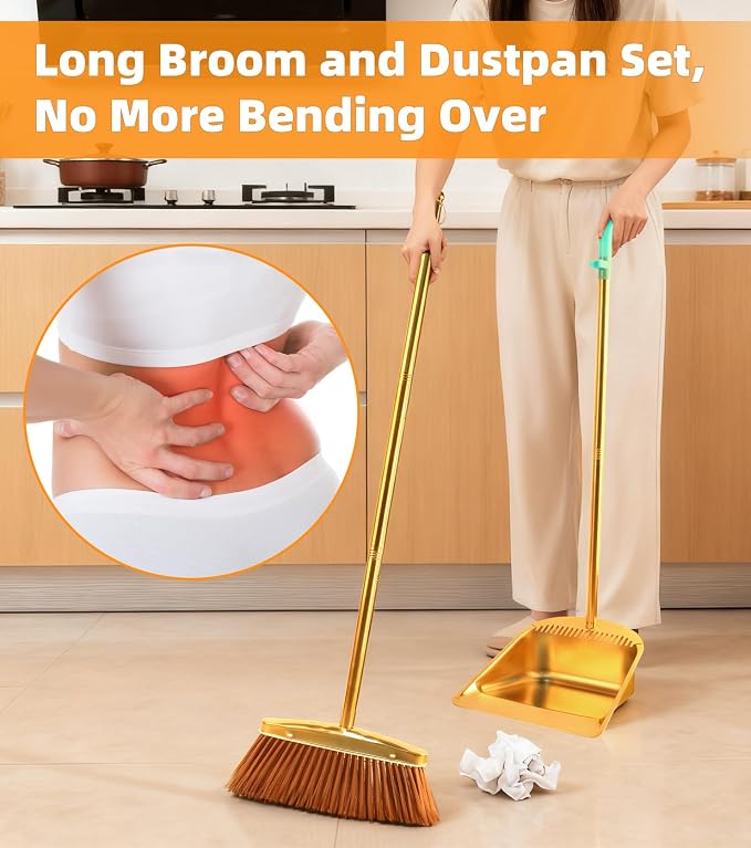 Gold Stainless Steel Broom and Dustpan Set, 2-Piece Long Handle Standing Pan with Comb Teeth, Heavy Duty Windproof Upright Design for Home, Kitchen, Indoor Outdoor Use