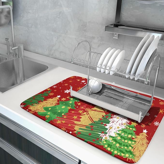 Christmas Dish Drying Mat for Kitchen Counter 18 x 24 Inch Xmas Snowflake Dish Drainer Mat Absorbent Microfiber Red Dish Rack Pad for Holiday Winter Coffee Dining Bar Decor