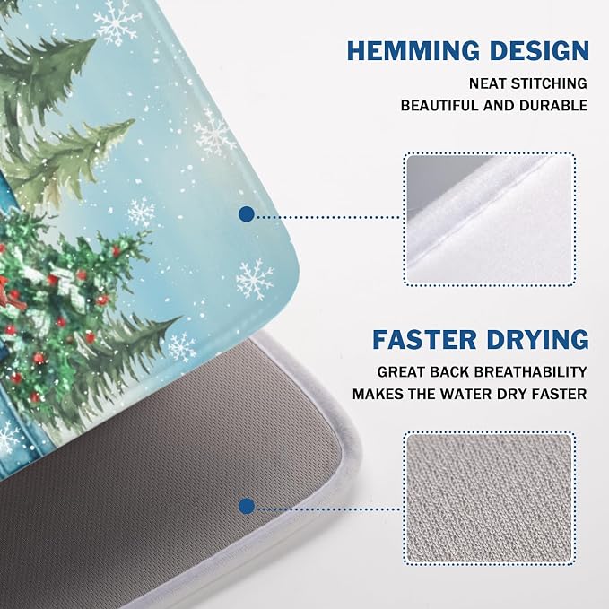 Giwawa Winter Snowman Blue Dish Drying Mat Xmas Truck Dishes Pad 18"x24" Microfiber Absorbent Drainer Rack Mats Protector for Kitchen Counter Sink
