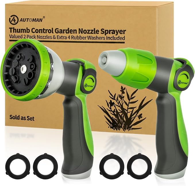 AUTOMAN Garden Hose Nozzle - 2 Pack, Thumb Control Sprayer, Slip-Resistant Water Nozzle, Extra 4 Washers, for Watering Plants Lawn & Garden, Cleaning, Washing Car, Showering Pets