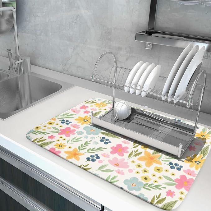 Spring Easter Floral Dish Drying Mat for Kitchen Counter 18x24 Green Pink Yellow Blue Cute Flower Print Absorbent Reversible Microfiber Drying Mats Kitchen Countertop Protector Dishes Drainer Pad