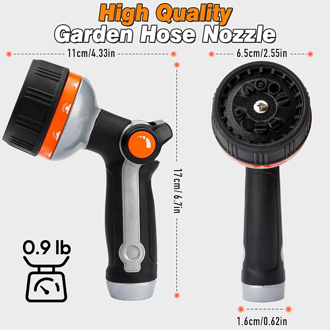 BIBURY Garden Hose Nozzle Sprayer, Heavy Duty Metal with 10 Spray Patterns | High Pressure, Thumb Flow Control, On/Off Valve, Leak Proof, Ideal for Watering Plants, Lawns, Car & Pet Washing