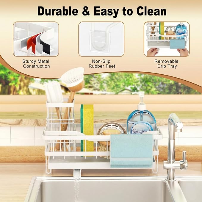 Sponge Holder for Kitchen Sink, Self-draining Sink Organizer with Towel Rack and Brush Holder, Metal Kitchen Sink Organizer for Countertop, White