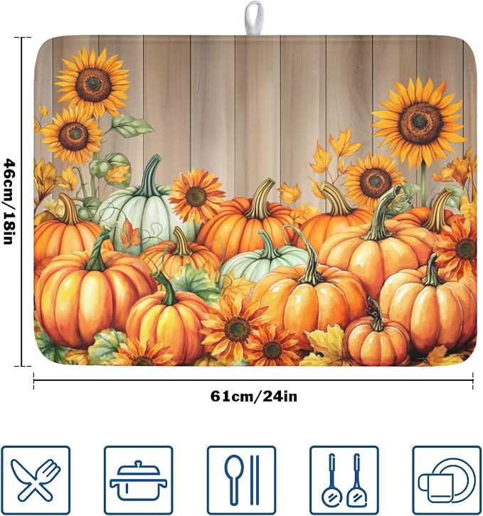 Fall Orang Pumpkin Dish Drying Mat for Kitchen Counter 18 x 24 Inch Autumn Sunflower Dish Drainer Mat Absorbent Microfiber Thanksgiving Wooden Dish Rack Pad for Coffee Dining Bar Decor