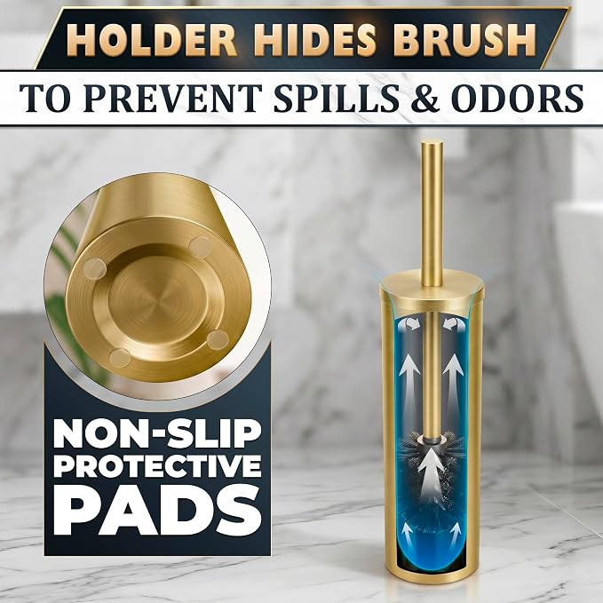 Stainless Steel Toilet Brush and Holder Set, Splash Guard (Gold) | Toilet Bowl Brush and Holder, Removable Inner Bowl, Dense Bristles, Long Handle, Scratch Resistant, for Modern Bathrooms