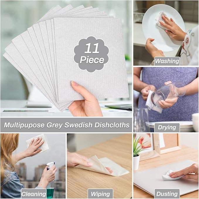 Lucomb 11 Pack Swedish Dishcloths, Reusable Kitchen Dish Rags Sponge Cleaning Cloths Cellulose Dishcloths for Kitchen Washing Dish Counters