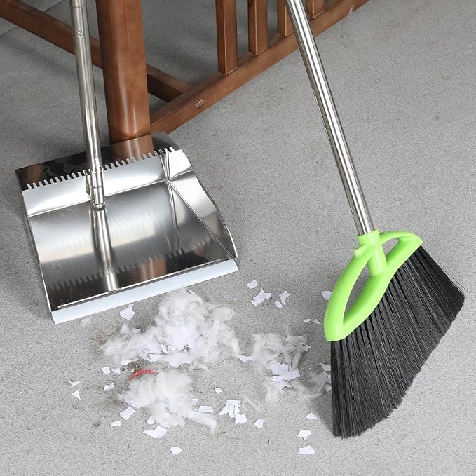 Soft Bristles Broom and Metal Dustpan Set for Indoor, Hardwood, Floor
