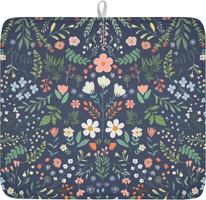 Floral Dish Drying Mat for Kitchen Counter Rustic Flower Leaves Print Microfiber Dish Drainer Mat Farmhouse Floral Absorbent Washable Drying Pad 16"x18"