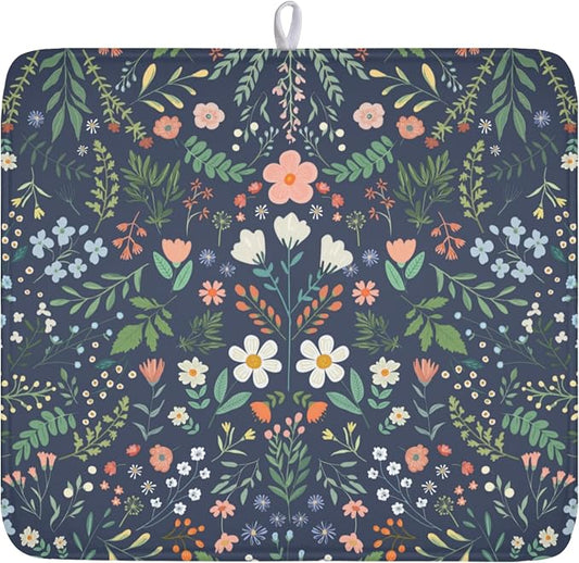 Floral Dish Drying Mat for Kitchen Counter Rustic Flower Leaves Print Microfiber Dish Drainer Mat Farmhouse Floral Absorbent Washable Drying Pad 16"x18"