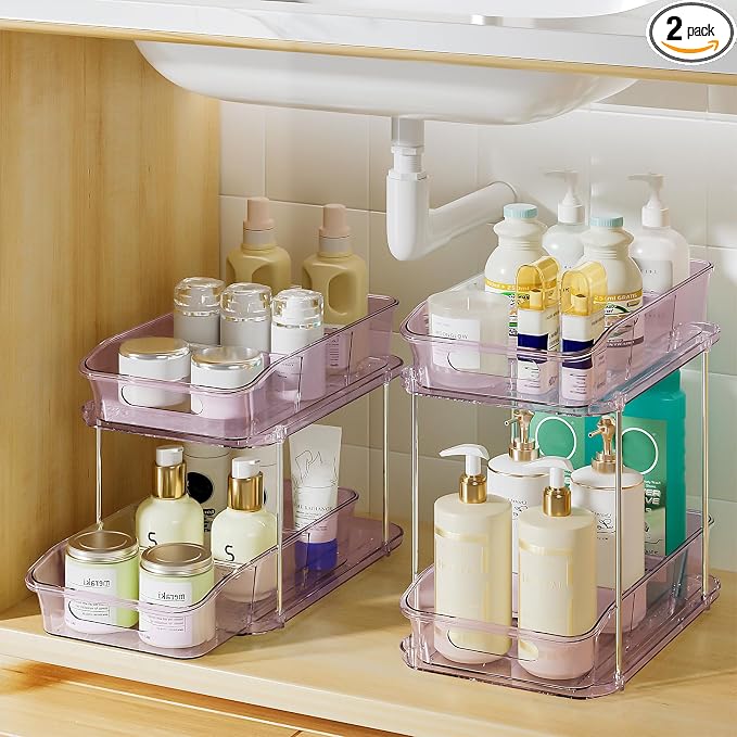 Delamu 2-Tier Under Sink Organizers and Storage, Multi-Purpose Stackable Bathroom Cabinet organizers, Pull Out Kitchen Pantry Organization and Storage with Dividers(2 Pack, Purple)