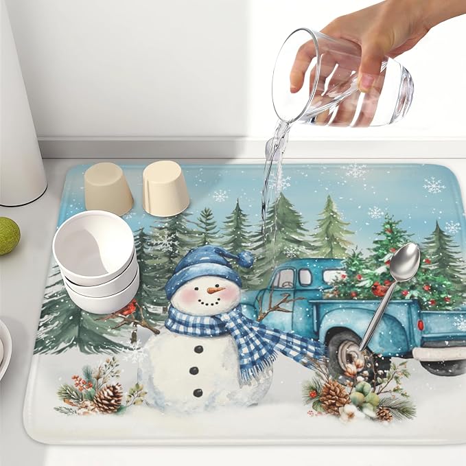 Giwawa Winter Snowman Blue Dish Drying Mat Xmas Truck Dishes Pad 18"x24" Microfiber Absorbent Drainer Rack Mats Protector for Kitchen Counter Sink
