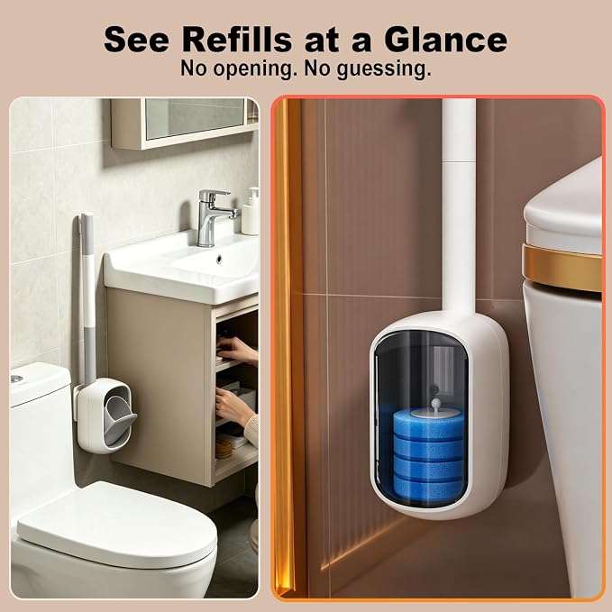 Disposable Toilet Brush with 35 Refill Pads, Auto-Open, Water-Activated Cleaning Heads, Wall-Mounted Toilet Kit for Bathroom & Tub