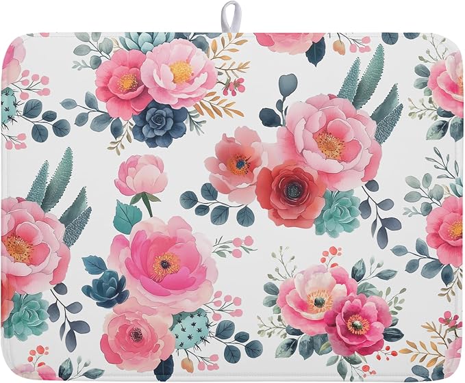 Spring Floral Dish Drying Mat for Kitchen Counter Spring Summer Flowers Kitchen Dish Drying Pad 18”x24” Absorbent Reversible Watercolor Flowers Dishes Drainer Pad Dish Drying Rack Mat for Countertop