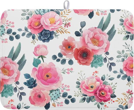 Spring Floral Dish Drying Mat for Kitchen Counter Spring Summer Flowers Kitchen Dish Drying Pad 18”x24” Absorbent Reversible Watercolor Flowers Dishes Drainer Pad Dish Drying Rack Mat for Countertop