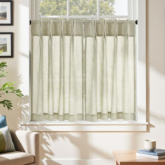 jinchan Linen Pinch Pleated Back Tab Tier Curtains, 26x36, 2 Panels, Beige | Light filtering,small window treatment,cafe curtains,machine washable,farmhouse,kitchen,bathrooms,laundry