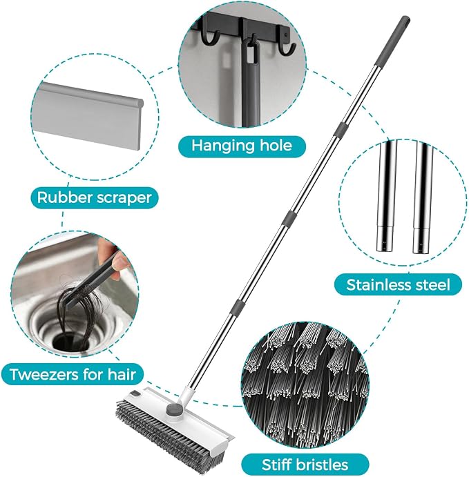 SetSail Floor Scrub Brush with 54in Adjustable Long Handle, Grey&White | 3 in 1 Floor Scrub Brush with Scraper and Stiff Bristle, Heavy Duty Floor Scrubber for Shower Bathroom Kitchen Patio Garage