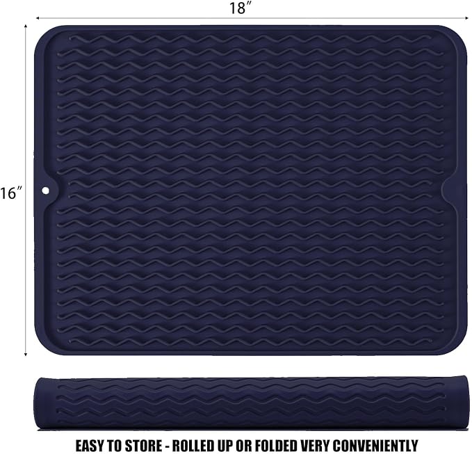 Silicone Dish Drying Mat for Multiple Usage, Easy clean, Eco-friendly, Heat-resistant Dish Drainer Mat for Kitchen Counter,Sink,Refrigerator or Drawer liner (18" x 16", Dark Blue)