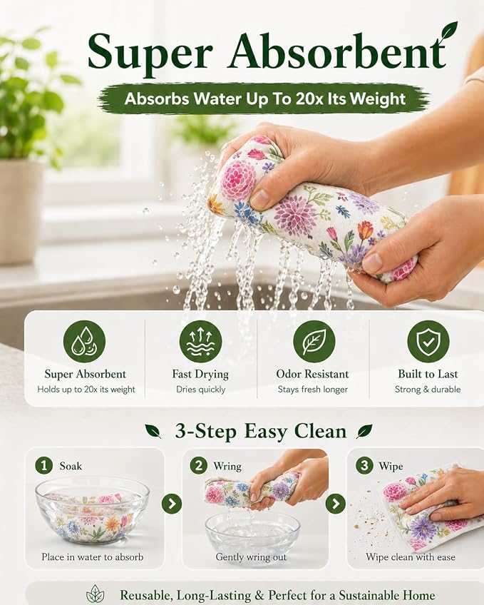 7 PCS Flower Print Swedish Dishcloths for Kitchen 100% Biodegradable, Reusable Cellulose Sponge Cloths Ultra Absorbent, Eco Friendly Cleaning Towels Dishcloths for Washing Dishes & General Cleaning