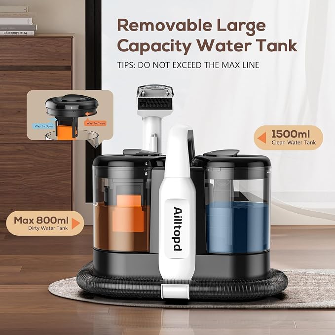 Portable Carpet & Upholstery Spot Cleaner Machine,15Kpa Deep Cleaning for Rug, Pet, Couch,Stairs & Car, Handheld Furniture Cleaner Machine with 2 Size BrushHead & Self-Cleaning System