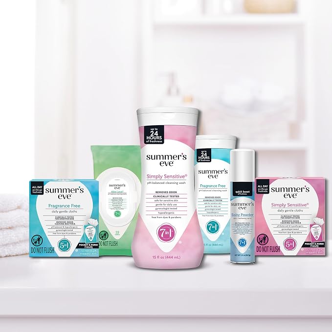Summer's Eve Simply Sensitive Feminine Wipes, Gentle pH-Balanced Micellar Water Based Formula Helps Control Vaginal Odor, Individually Wrapped Wipes, 12 Count