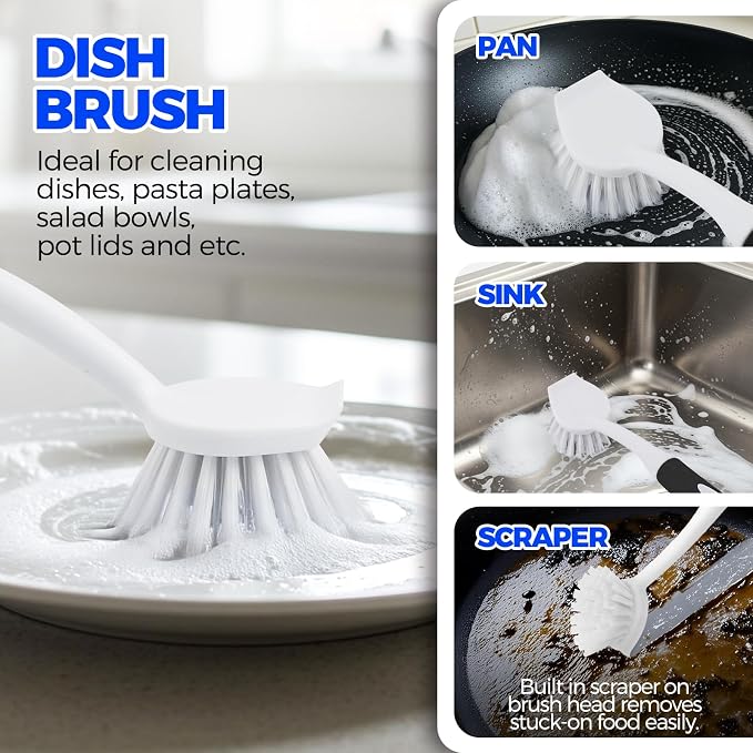 Holikme 6 Pack Dish Brush Set with Bottle Brush, Dish Scrub Brush, Pan Brush and 3 Straw Brushes, Deep Cleaning Handle Brush with Scraper Tip for Kitchen Sink Dishes Bottle Cup Pot and Pans (Black)