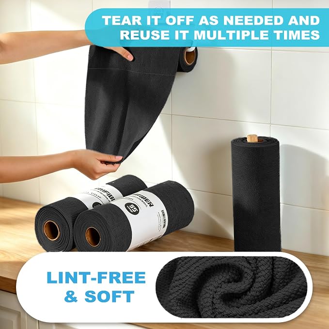 Puomue 55 Pack Microfiber Cleaning Cloth Roll, Tear Away Reusable Paper Towels, 11" X 9", Ultra Absorbent & Lint Free Microfiber Cloth for Cleaning Cars, Kitchen, Window, Home and Shop, Black