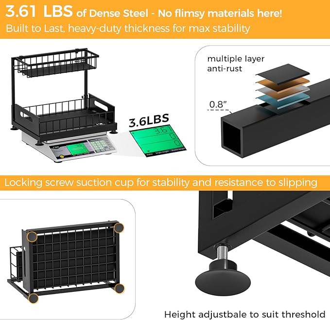 Saydear 2-Pack L-Shaped Under Sink Organizer, 2-Tier Pull-out Cabinet Rack | Black Height-Adjustable Steel Rack, Sliding Grid Drawers with PP Liners, Holds 100 Lbs, Suction Base, Ideal Kitchen Storage