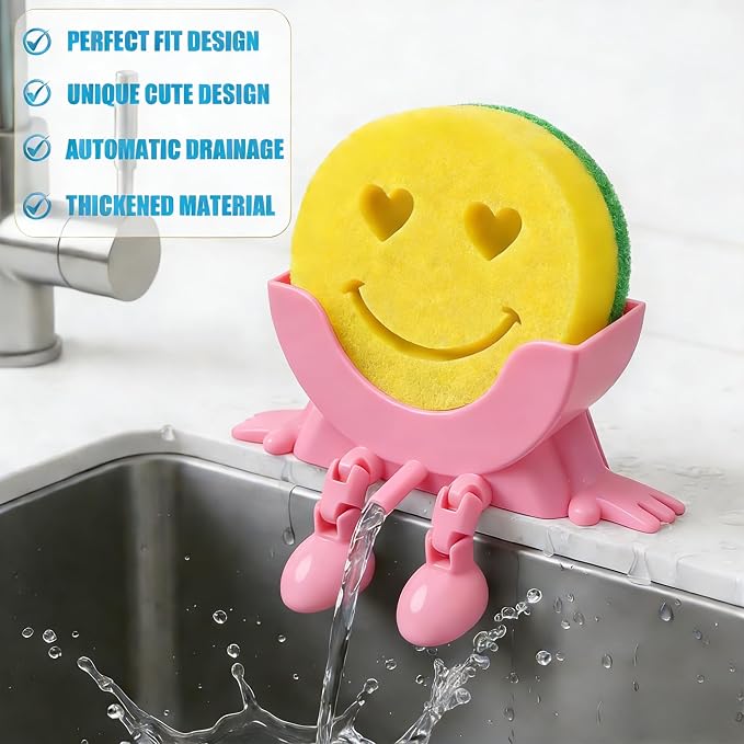 Cute Hanging Sponge Holder with Drainage,3D Printed Kitchen Funny Sponge Stand for Sink,with Non-Slip Pads,Suitable for Scrub Daddy Holder,Keeps Your Sponge Dry Smiling (Pink)