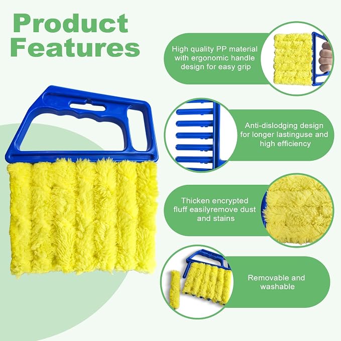 4Pcs Blind Cleaner Duster Tool Set with 7-Finger & 3-Finger Brushes，Washable Multi-Surface Dusting Kit for Wood Blinds, Venetian Blinds, AC Vents, Car Vents, Shutters & Fans (Yellow+Green)