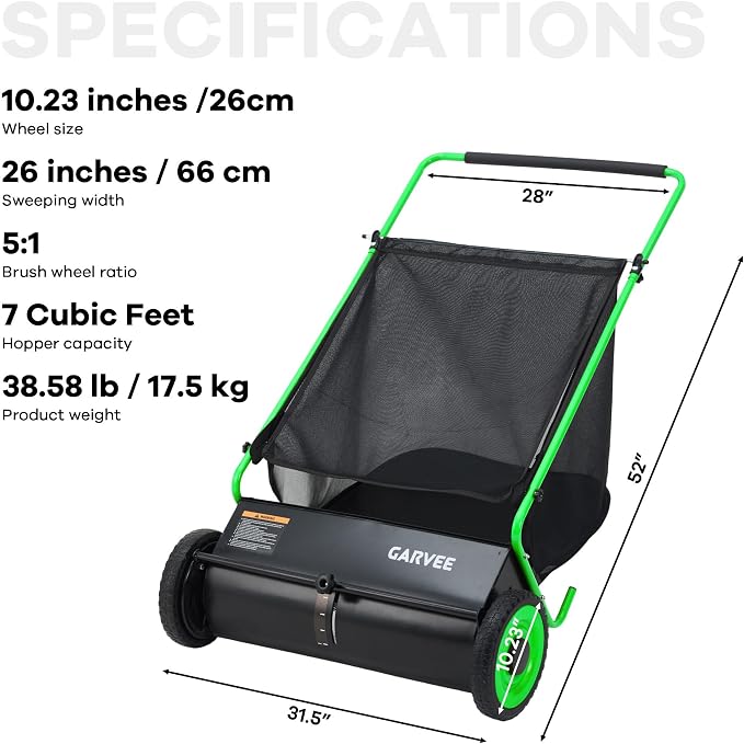 26-Inch Push Lawn Sweeper, Heavy Duty Leaf Sweeper with 4 Brushes & 7Cu.ft Bag, Adjustable Height Steel Frame Leaf,Manual Yard Sweeper for Collector for Yard, Lawn, Garden, Patio