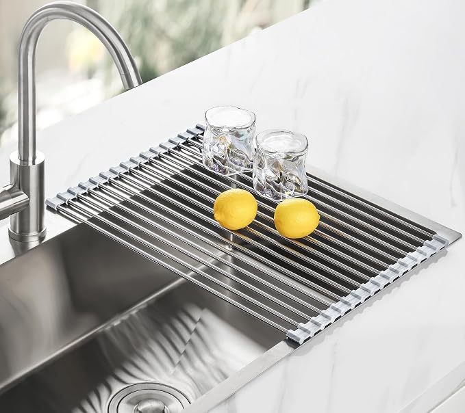 Tomorotec Stainless Steel Roll-Up Dish Drying Rack Marble Color Silicone Edges, Foldable Kitchen Rack Heat Resistant Trivet Supports up to 70 lbs, Food Safe for Dishes, Cookware & More