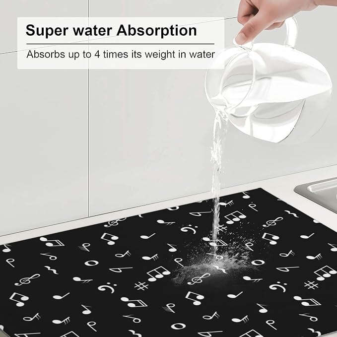 Music Notes Dish Drying Mat for Kitchen Counter Musicial Dish Drainer Rack Mats 16x18 Inches Absorbent Reversible Black Drying Pad