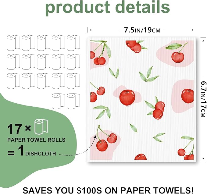 Swedish Dishcloths for Kitchen, 12 Pack Reusable Paper Towels, Super Absorbent, No Odor, Fast-Drying, Non-Scratch Cellulose Sponge Cloths for Counters Dishes Home Bar Table Wiping