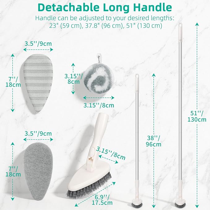 Qaestfy 4-in-1 Tub and Tile Shower Scrubber, 51'' Bathtub Cleaning Brush with Long Handle, Soft & Stiff Bristles Bathroom Scrub Brush, Non-Scratch Shower Cleaner Brush for Cleaning