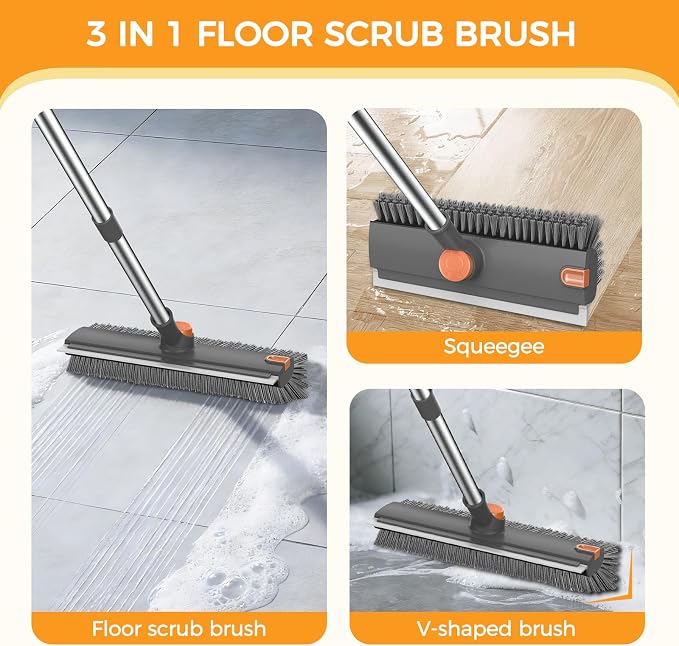 SetSail Floor Scrub Brush with 54in Adjustable Long Handle, Grey&Orange | 3 in 1 Floor Scrub Brush with Scraper and Stiff Bristle, Heavy Duty Floor Scrubber for Shower Bathroom Kitchen Patio Garage