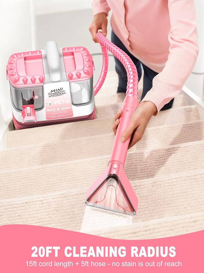 Portable Carpet & Upholstery Cleaner Machine for Pets, Powerful Suction Spot Cleaner for Couch, Sofa, Rugs, Stairs & Car Interior, Lightweight Deep Stain Remover with Cleaning Solution, Pink