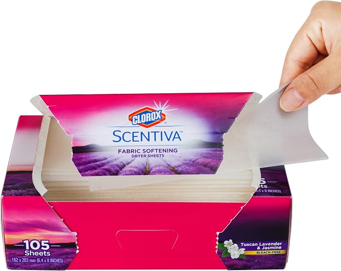 Clorox Scentiva Fabric Softener Dryer Sheets, Tuscan Lavender & Jasmine Scent - Wrinkle Reducing Scented Softening Laundry Dryer Sheets for Great Smelling Clothes, 105 Count