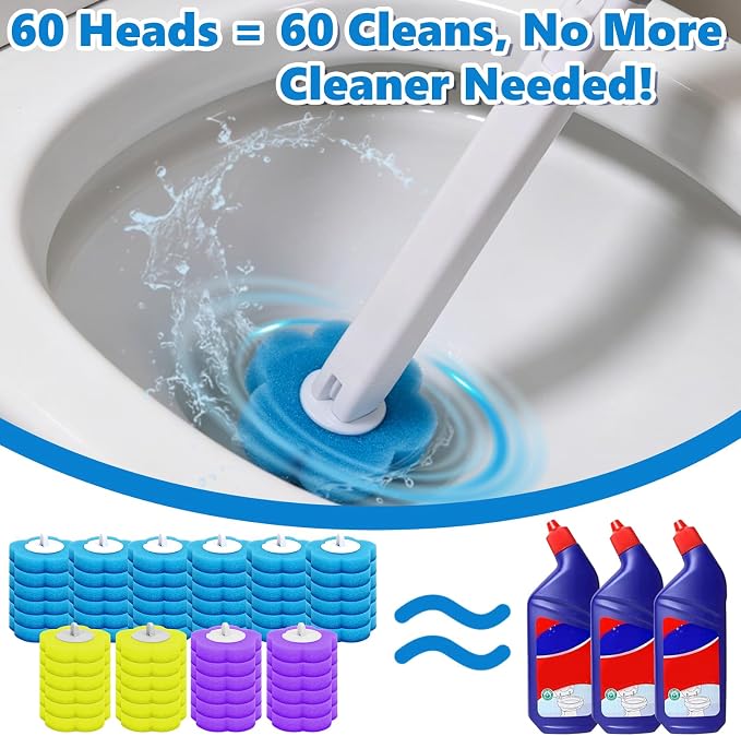 Disposable Toilet Brush Cleaning System, Disposable Toilet Cleaner Wand and Holder Set with 60 Toilet Wand Refills, Extended Handle for Toilet Bowl Cleaners, Bathtub, Bathroom Cleaning
