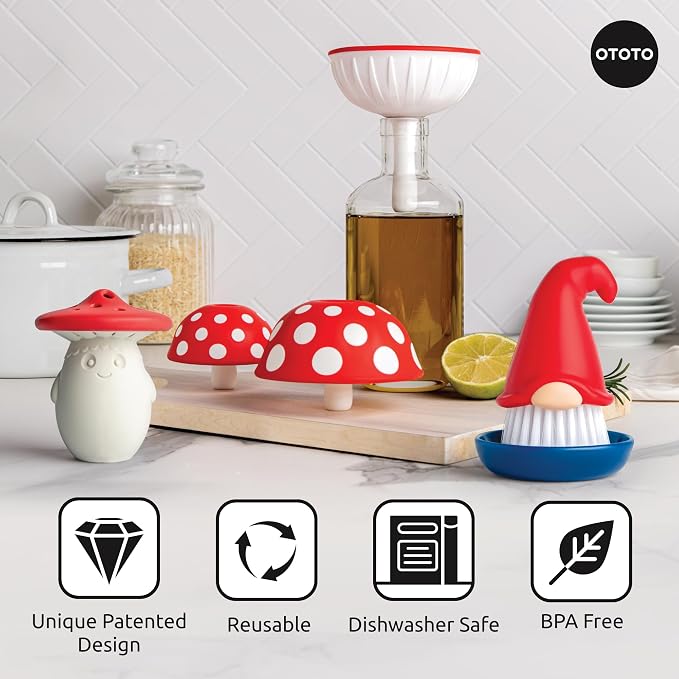 OTOTO Forest Trio Bundle of Beardy, Magic Mushroom, Fun Guy - Gnomes Dish Brush, Fungilicious Kitchen Funnel, Fridge Deodorizer, Mushroom Decor Cute Kitchen Accessories, Unique Mushroom Gnome Gifts
