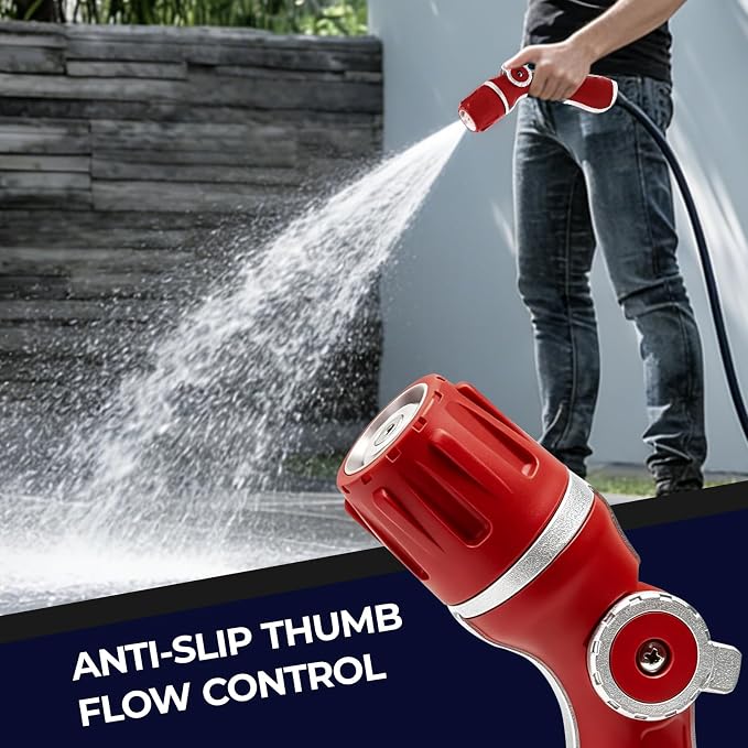 HugeDawn Garden Hose Nozzle, Heavy Duty High Pressure Metal Hose Spray Nozzle with 30% Greater Water High Flow, 3 Spray Patterns, Non-Slip Thumb Control for Quick Watering & Cleaning (Red)