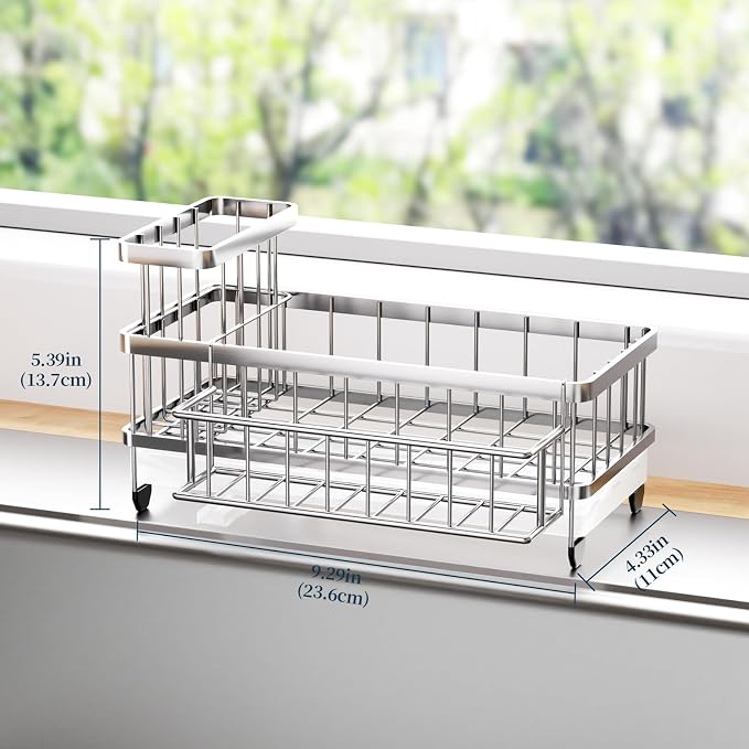 Consumest Sponge Holder for Kitchen Sink - Auto Draining Sink Caddy Organizer with Detachable Rack, High Brush Holder, Kitchen Countertop Storage Accessories, Silver